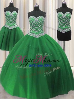 Fancy Three Piece Sequins Floor Length Ball Gowns Sleeveless Green Quinceanera Gown Lace Up