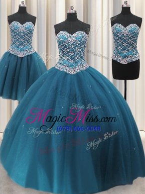 Top Selling Three Piece Teal Sleeveless Tulle Lace Up Vestidos de Quinceanera for Military Ball and Sweet 16 and Quinceanera