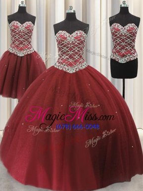 Fine Three Piece Burgundy Ball Gowns Sweetheart Sleeveless Tulle Floor Length Lace Up Beading and Sequins Sweet 16 Quinceanera Dress