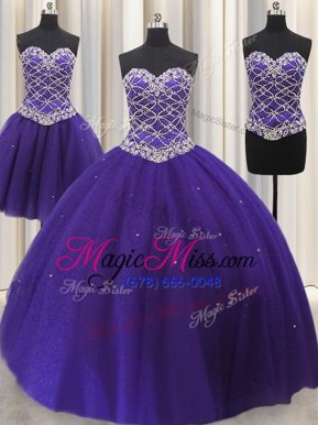 Latest Three Piece Tulle Sweetheart Sleeveless Lace Up Beading and Sequins 15th Birthday Dress in Purple