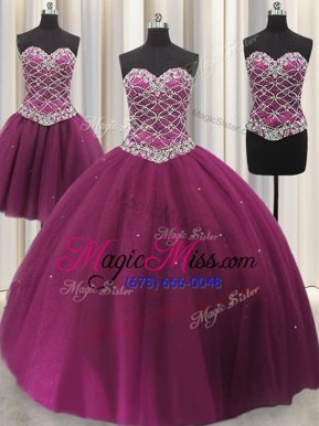 Ideal Three Piece Fuchsia Ball Gowns Tulle Sweetheart Sleeveless Beading and Sequins Floor Length Lace Up Sweet 16 Dresses
