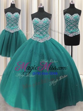 Three Piece Teal Lace Up Sweetheart Beading and Sequins Sweet 16 Dresses Tulle Sleeveless