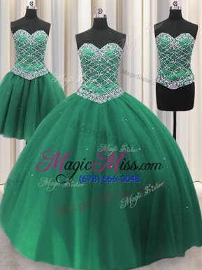 Dazzling Three Piece Ball Gowns Sweet 16 Dress Green Sweetheart Tulle Sleeveless Floor Length Lace Up