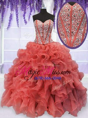 Fitting Organza Sweetheart Sleeveless Lace Up Beading and Ruffles Vestidos de Quinceanera in Coral Red