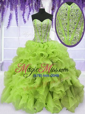 Modern Yellow Green Ball Gowns Sweetheart Sleeveless Organza Floor Length Lace Up Beading and Ruffles Ball Gown Prom Dress