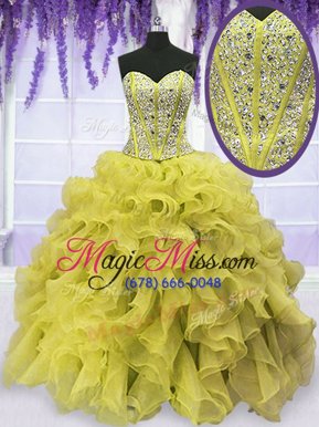 Luxury Yellow Green Ball Gowns Sweetheart Sleeveless Organza Floor Length Lace Up Beading and Ruffles Quinceanera Gown