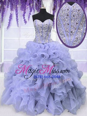 Best Selling Lavender Ball Gowns Sweetheart Sleeveless Organza Floor Length Lace Up Beading and Ruffles Ball Gown Prom Dress