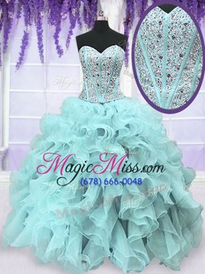 Colorful Light Blue Sleeveless Floor Length Beading and Ruffles Lace Up Ball Gown Prom Dress