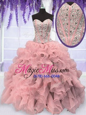 Dynamic Beading and Ruffles Sweet 16 Dresses Pink Lace Up Sleeveless Floor Length