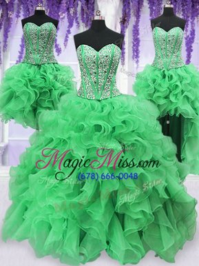 Latest Four Piece Floor Length Lace Up Ball Gown Prom Dress Green and In for Military Ball and Sweet 16 and Quinceanera with Beading and Ruffles