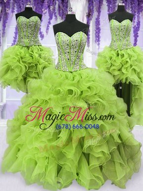 Glittering Four Piece Sweetheart Sleeveless Sweet 16 Dresses Floor Length Beading and Ruffles Yellow Green Organza