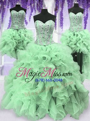 Artistic Four Piece Beading and Ruffles Sweet 16 Quinceanera Dress Apple Green Lace Up Sleeveless Floor Length