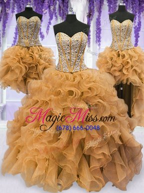 Four Piece Gold Sleeveless Floor Length Beading and Ruffles Lace Up 15th Birthday Dress