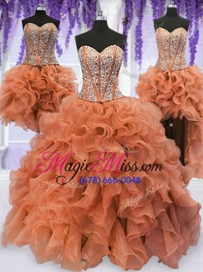 Sumptuous Four Piece Orange Lace Up Sweetheart Beading and Ruffles Quince Ball Gowns Organza Sleeveless