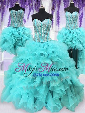 Flirting Four Piece Aqua Blue Ball Gowns Organza Sweetheart Sleeveless Ruffles and Sequins Floor Length Lace Up Sweet 16 Dress