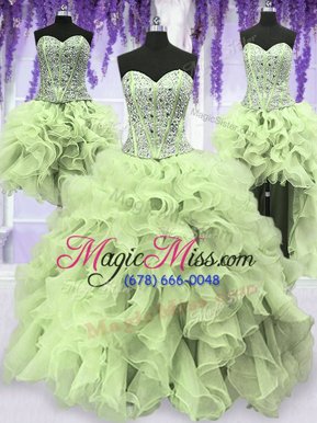 Beautiful Four Piece Yellow Green Ball Gowns Organza Sweetheart Sleeveless Ruffles and Sequins Floor Length Lace Up Sweet 16 Dress