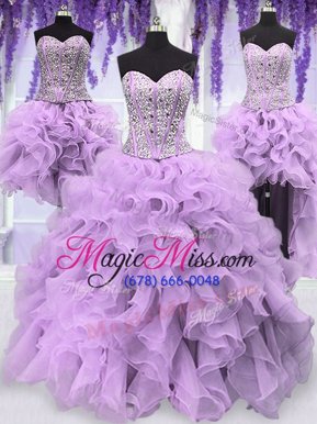 New Arrival Four Piece Sweetheart Sleeveless Organza Vestidos de Quinceanera Ruffles and Sequins Lace Up