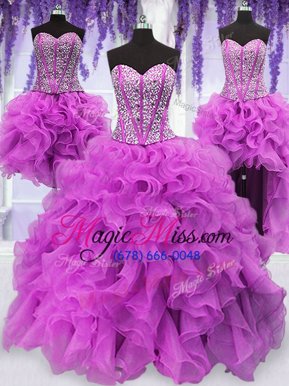 Clearance Four Piece Fuchsia Sleeveless Floor Length Ruffles and Sequins Lace Up Ball Gown Prom Dress
