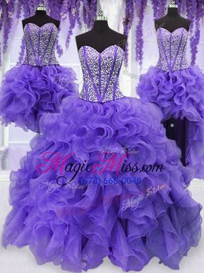 Graceful Four Piece Lavender Lace Up 15th Birthday Dress Embroidery and Ruffles and Ruffled Layers and Sashes|ribbons Sleeveless Floor Length