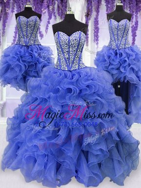 Romantic Four Piece Royal Blue Sleeveless Ruffles and Sequins Floor Length 15 Quinceanera Dress