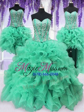 Trendy Four Piece Turquoise Ball Gowns Ruffles and Sequins Vestidos de Quinceanera Lace Up Organza Sleeveless Floor Length