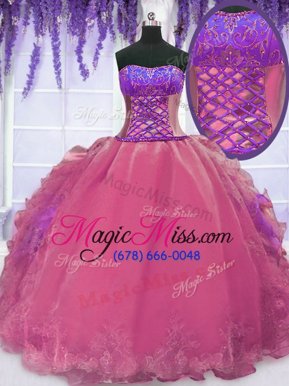 Deluxe Lilac Strapless Lace Up Embroidery and Ruffles Quinceanera Gowns Sleeveless