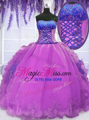 Sleeveless Organza Floor Length Lace Up 15 Quinceanera Dress in Purple for with Embroidery and Ruffles