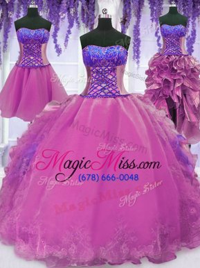 Colorful Four Piece Lilac Organza Lace Up Sweetheart Sleeveless Floor Length Quinceanera Gown Appliques and Embroidery