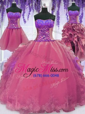 Suitable Four Piece Embroidery and Ruffles Quinceanera Dresses Pink Lace Up Sleeveless Floor Length
