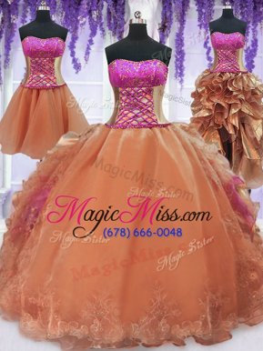 Trendy Four Piece Strapless Sleeveless Organza Quinceanera Dresses Embroidery and Ruffles Lace Up