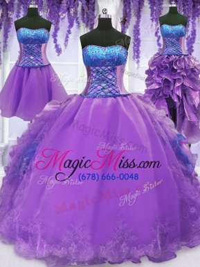 Four Piece Lavender Strapless Neckline Embroidery and Ruffles Quinceanera Dress Sleeveless Lace Up