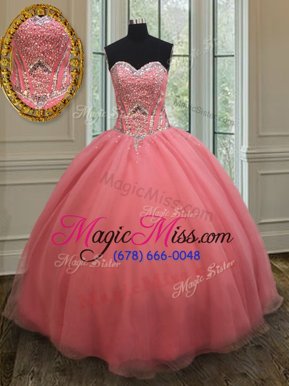 Fashion Watermelon Red Sleeveless Organza Lace Up Vestidos de Quinceanera for Military Ball and Sweet 16 and Quinceanera