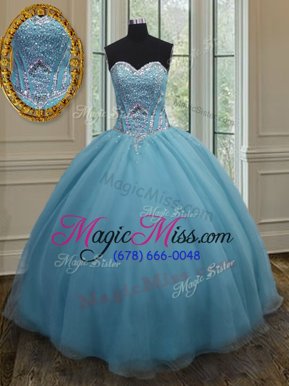 Shining Sleeveless Organza Floor Length Lace Up Quinceanera Gowns in Baby Blue for with Beading