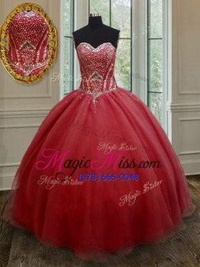 Great Red Lace Up Sweetheart Beading Sweet 16 Quinceanera Dress Organza Sleeveless