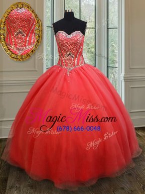 High End Organza Sweetheart Sleeveless Lace Up Beading Sweet 16 Dresses in Coral Red