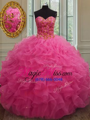 Hot Pink Lace Up Sweet 16 Dresses Beading and Ruffles Sleeveless Floor Length
