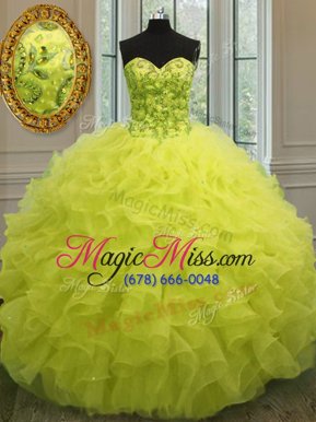 Sleeveless Floor Length Beading and Ruffles Lace Up Quince Ball Gowns with Yellow