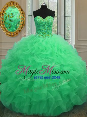 Perfect Beading and Ruffles Sweet 16 Quinceanera Dress Green Lace Up Sleeveless Floor Length