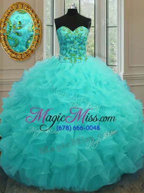 Luxury Aqua Blue Ball Gowns Organza Sweetheart Sleeveless Beading and Ruffles Floor Length Lace Up Quinceanera Dress