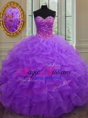 Sleeveless Organza Floor Length Lace Up Quince Ball Gowns in Purple for with Beading and Ruffles