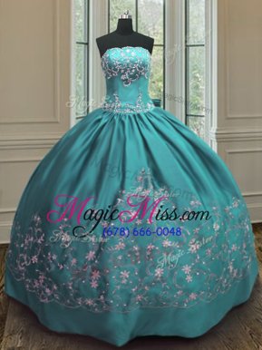 Custom Made Teal Satin Lace Up Strapless Sleeveless Floor Length Vestidos de Quinceanera Embroidery