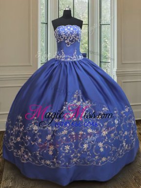 Floor Length Lace Up Quinceanera Dresses Royal Blue and In for Military Ball and Sweet 16 and Quinceanera with Embroidery