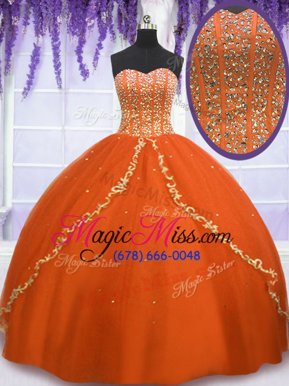 Amazing Orange Tulle Lace Up 15th Birthday Dress Sleeveless Floor Length Beading