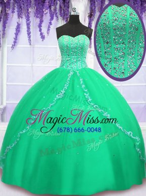 Fitting Sequins Green Sleeveless Tulle Lace Up 15 Quinceanera Dress for Military Ball and Sweet 16 and Quinceanera