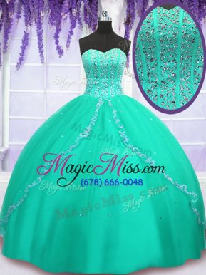 Gorgeous Turquoise Sleeveless Floor Length Beading and Sequins Lace Up 15 Quinceanera Dress