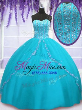 Top Selling Backless Sweetheart Sleeveless 15 Quinceanera Dress Floor Length Beading and Sequins Aqua Blue Tulle