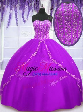 Custom Designed Purple Ball Gowns Beading and Sequins Quinceanera Dresses Lace Up Tulle Sleeveless Floor Length