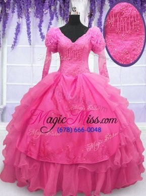 Traditional Hot Pink V-neck Neckline Beading and Embroidery and Hand Made Flower Quinceanera Gowns Long Sleeves Lace Up