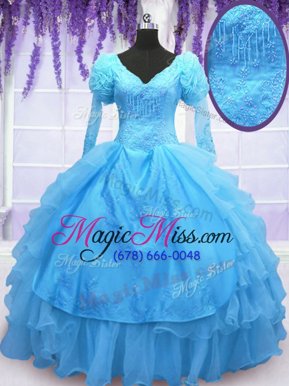 Glittering Baby Blue Ball Gowns Organza V-neck Long Sleeves Beading and Embroidery and Hand Made Flower Floor Length Lace Up Sweet 16 Quinceanera Dress
