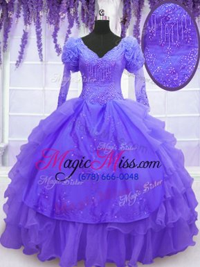 Sumptuous V-neck Long Sleeves Lace Up Sweet 16 Dress Purple Organza